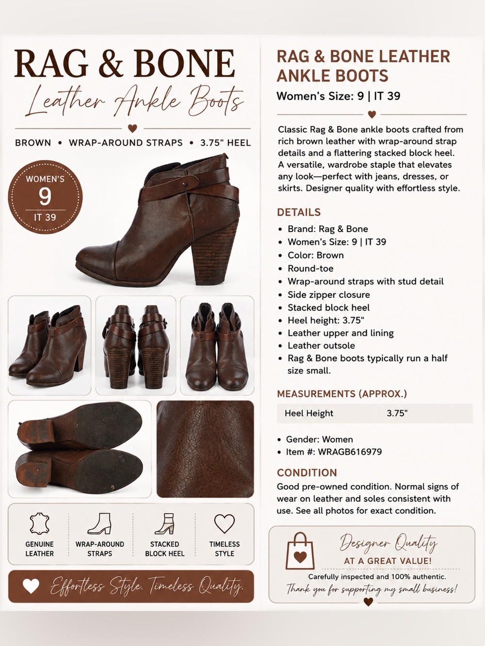 Rag & Bone Brown Leather Wrap Strap Ankle Boots Size 9